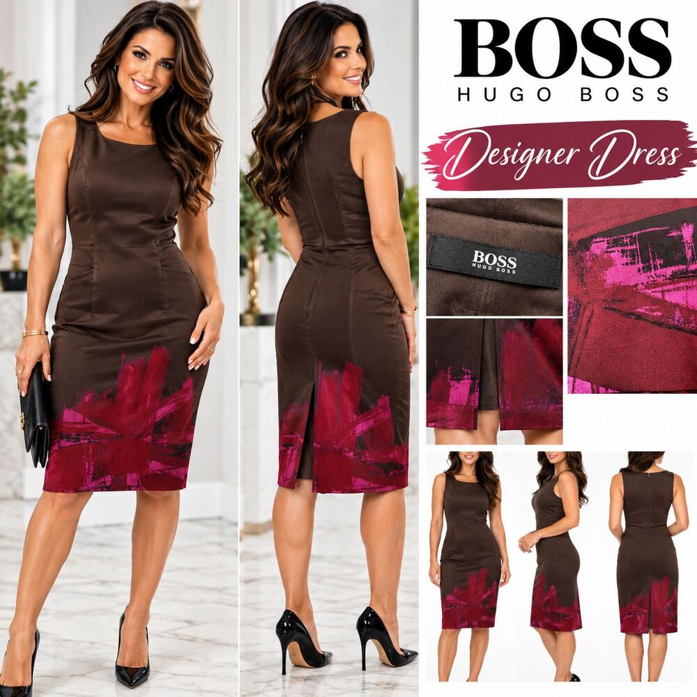 BOSS Hugo Boss Womens US 6 Brown Pink Abstract Print Sleeveless Sheath Dress